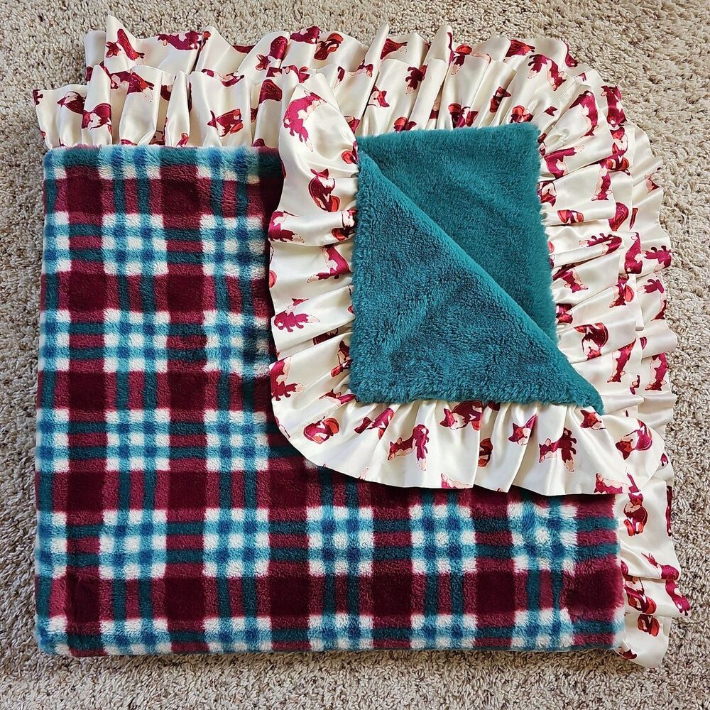 Finding Foxtale Satin Ruffled Raspberry Plaid Minky Plush Fox Blanket HTF GWP